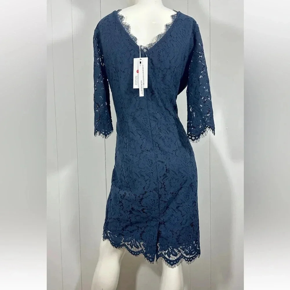 MEROKEETY 3/4 Sleeve Lace Floral Cocktail Dress navy blue sz L (12) - Picture 5 of 8